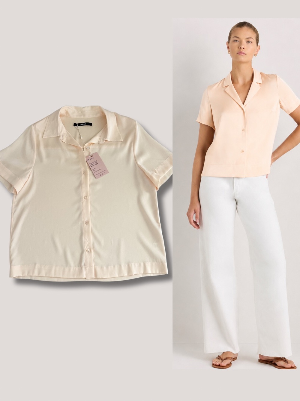 Quince Washable Stretch Silk Short Sleeve Notch Collar Blouse Size XS Casual